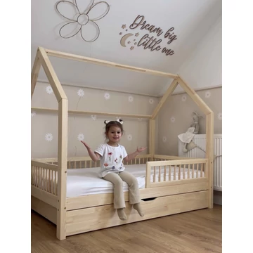 STAR Plus házikóágy - 90x190 - natúr fa - ágyfunkciós fiókkal - vékony korlátléccel