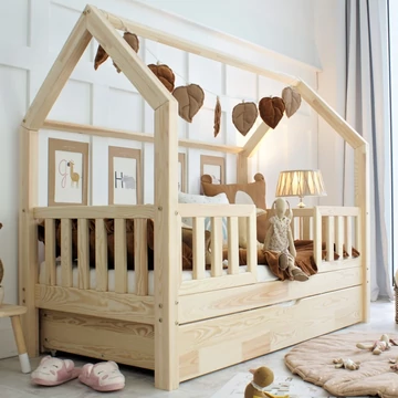 STAR Duo Plus házikóágy - 90x190 - natúr fa - ágyfunkciós fiókkal
